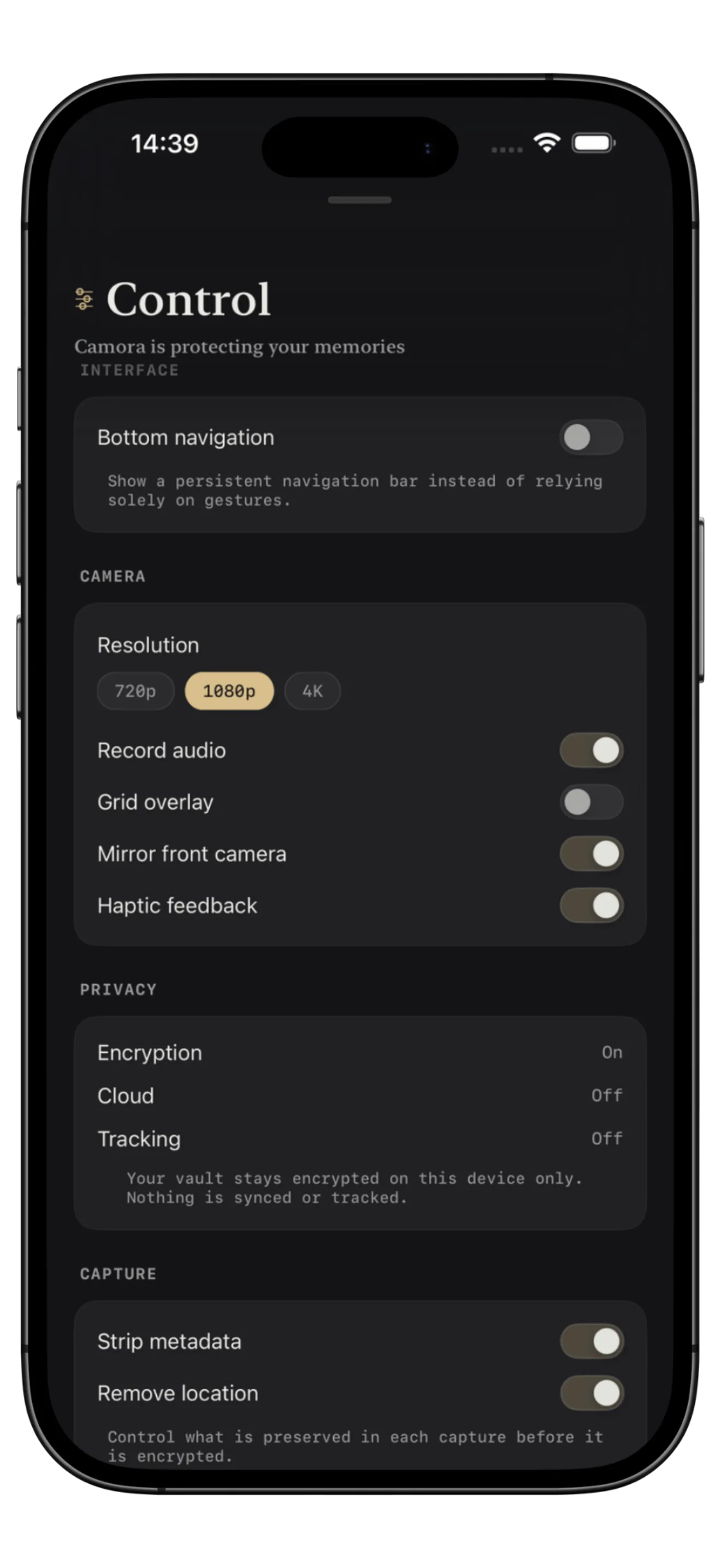Camora control screen